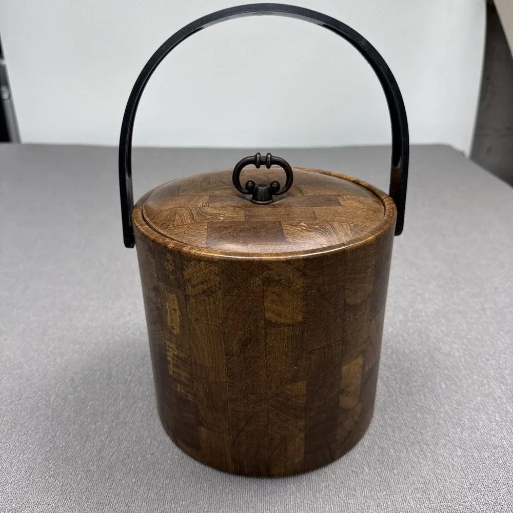 Vintage Ice Bucket Faux Wood Grain Bar Brown & Black USA W Handle And Lid MCM